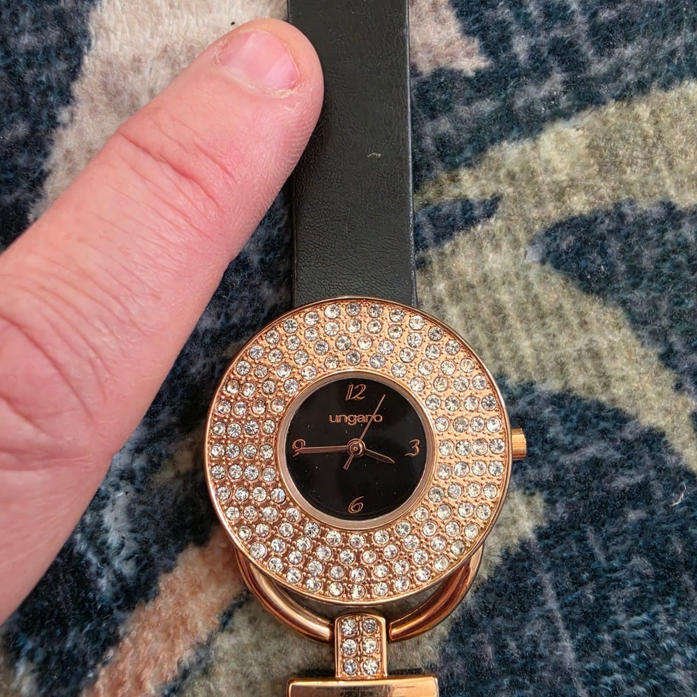 U by Ungaro Womens Rose Gold Tone Crystal Pave Bezel Black Leather Watch